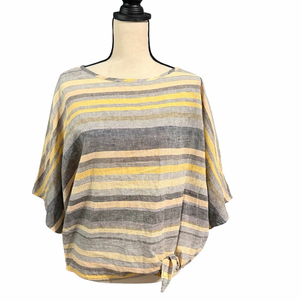 Beach Lunch Lounge Wmns Yellow Black Striped Boxy Linen Cotton Blend Blouse Sz M